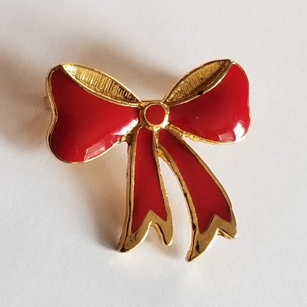 Vintage brooch red bow gold tone pin
